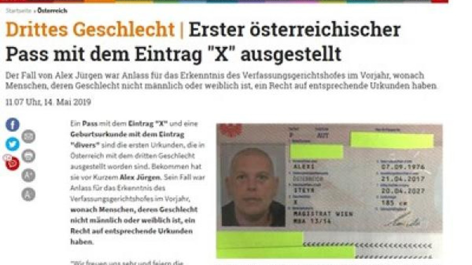 Документ за човек с трети пол издаде Австрия | StandartNews.com
